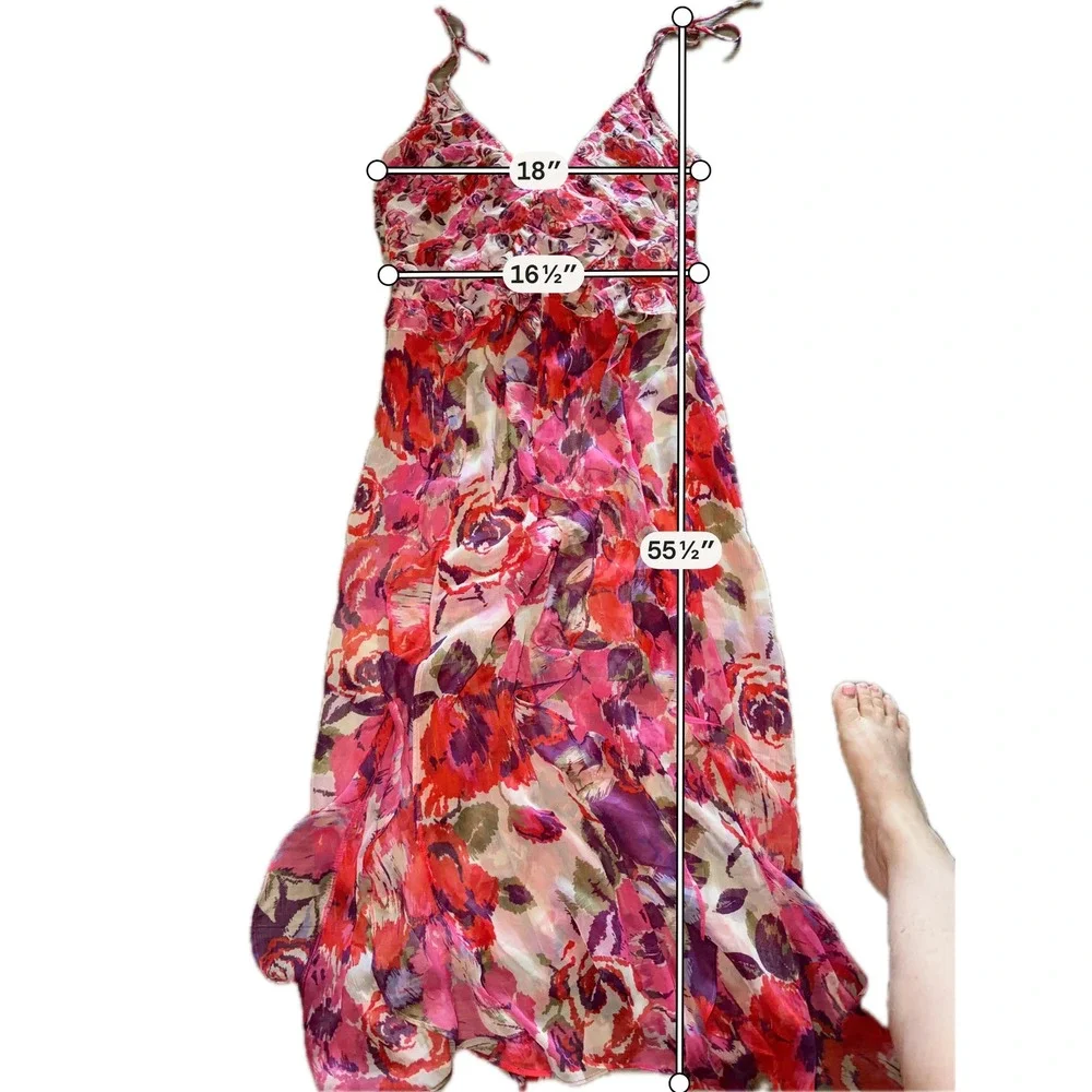 MISA Los Angeles Pink Red Diana Floral Ruffle Maxi Dress Size L Chiffon Boho A6